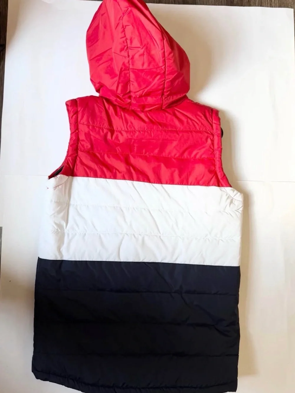 Kids Hooded Colorblock Puffer Vest - Red/White/Navy Boys Size XL